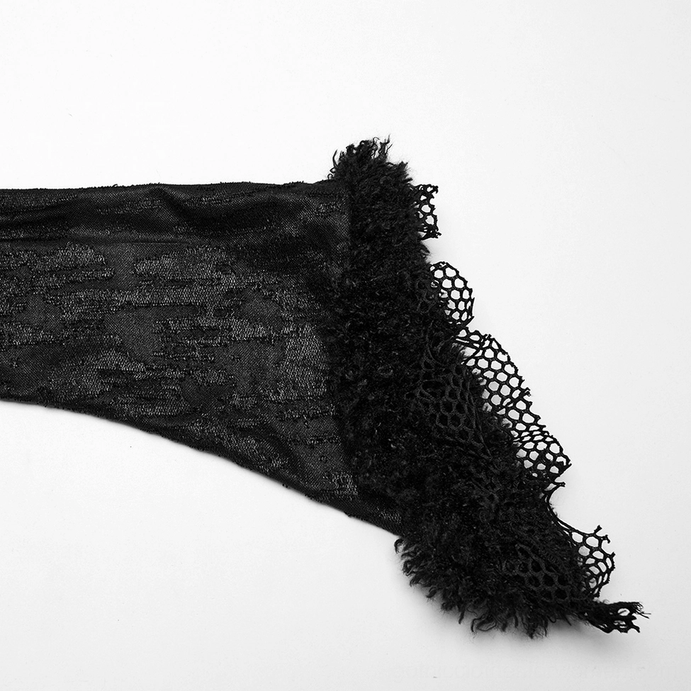 Sleeve cuff close-up of gothic maxi dress featuring frayed fuzzy trim and mesh lace edge detail