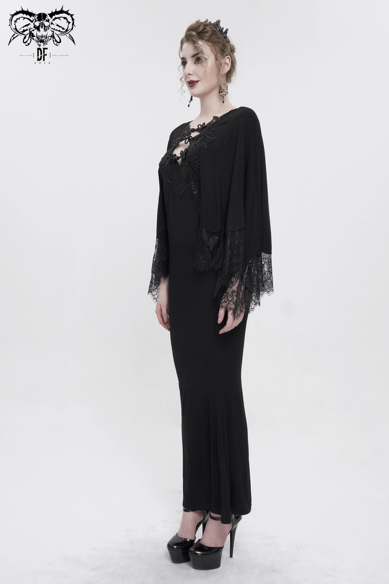 Black gothic dress neckline detail, highlighting deep V-neck cut and upper chest lace applique embellishment