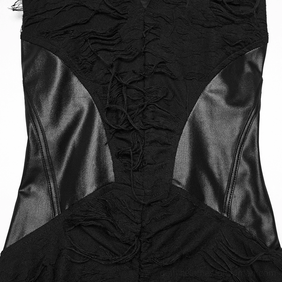 Distressed gothic fishtail dress detail close-up of frayed fabric edges and textured matte black finish