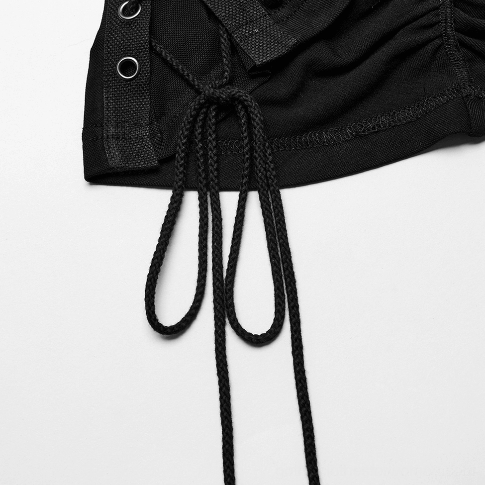 Close-up detail of gothic dress drawstring, rope cord with metal eyelets and stretch fabric texture