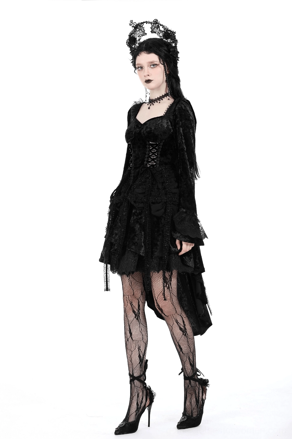 Black gothic dress demonstrating elegant fit and dark romantic aesthetic with high-low asymmetrical hemline
