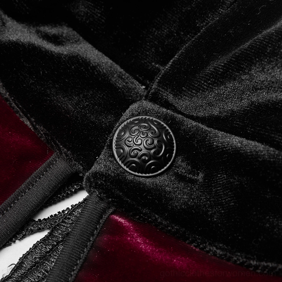 Embossed metal button and black velvet trim detail on gothic velvet dress back lacing construction
