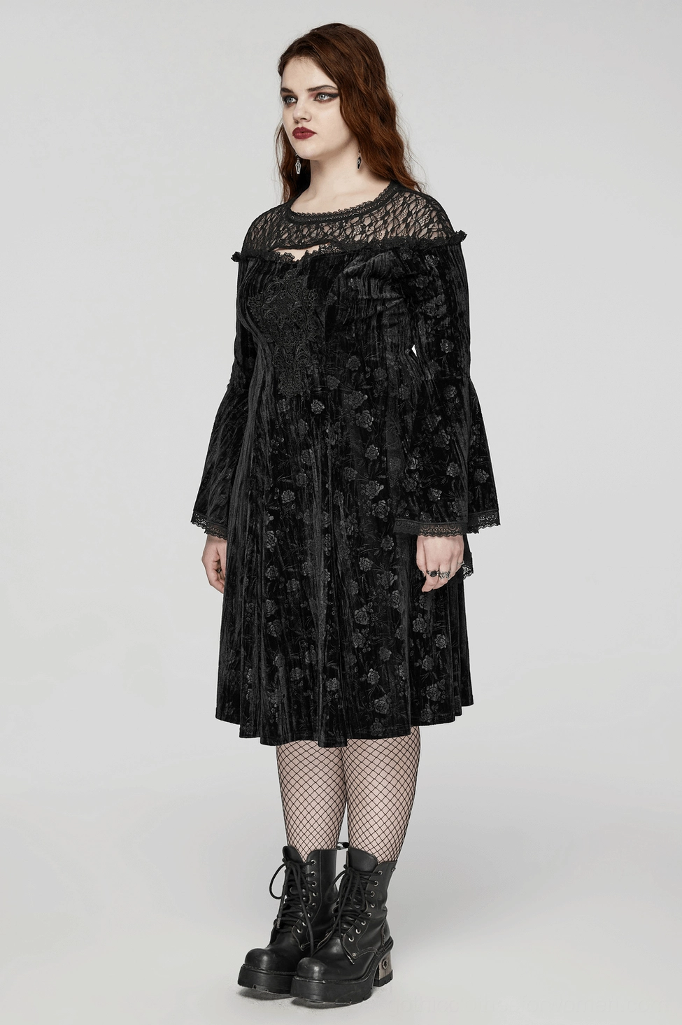 Black velvet rose gothic dress three-dimensional embossed rose texture detail on velvet fabric surface