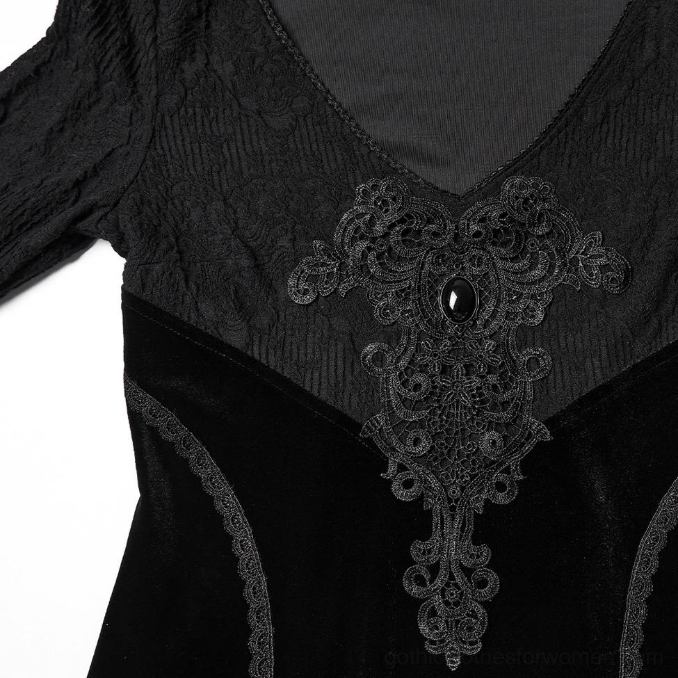 Black gothic velvet high-low dress embroidered lace bust appliqué detail with gemstone accents and intricate embroidery