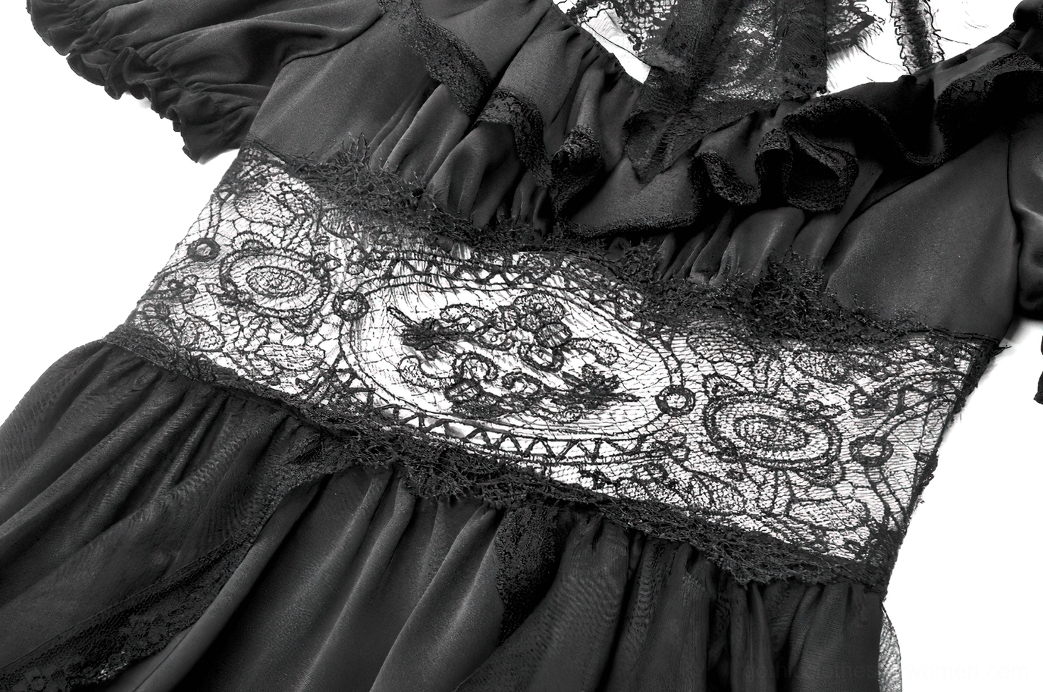 Gothic dress waist embroidery lace panel and satin ruffle fabric detail