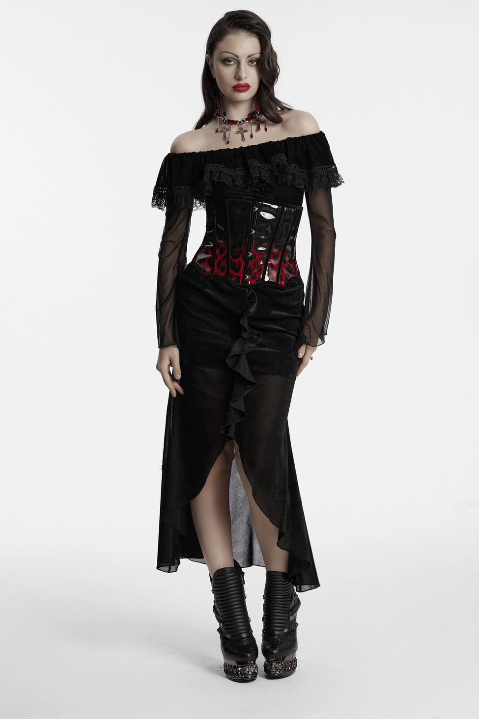 Black gothic dress size and fit reference showing fabric weight and material quality