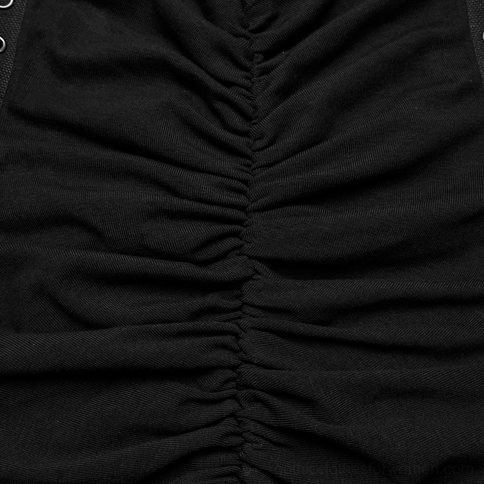 Fabric texture close-up of black gothic dress showing vertical ruching and knitted weave detail