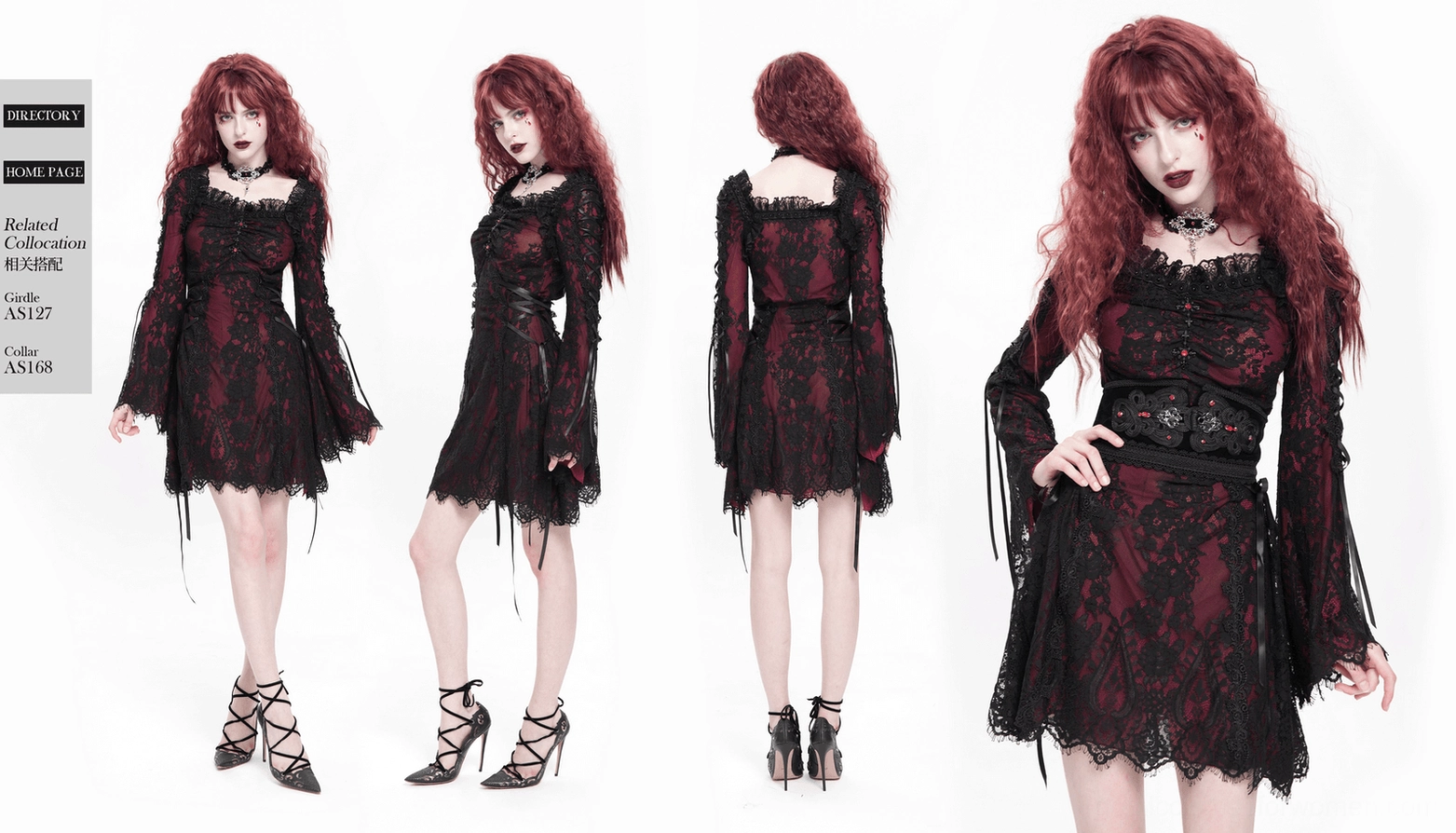Detailed fashion photography of gothic mini dress showing fabric texture layering and sophisticated lace craftsmanship