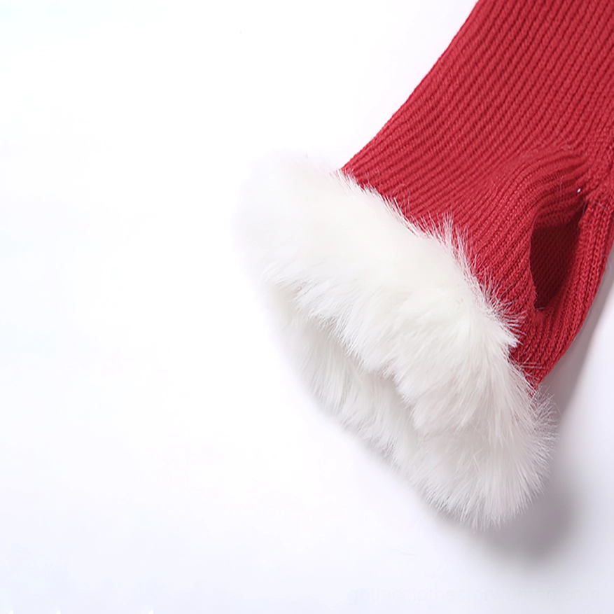 Close-up detail of red knit fingerless gloves with white fuzzy fur trim included with gothic dress