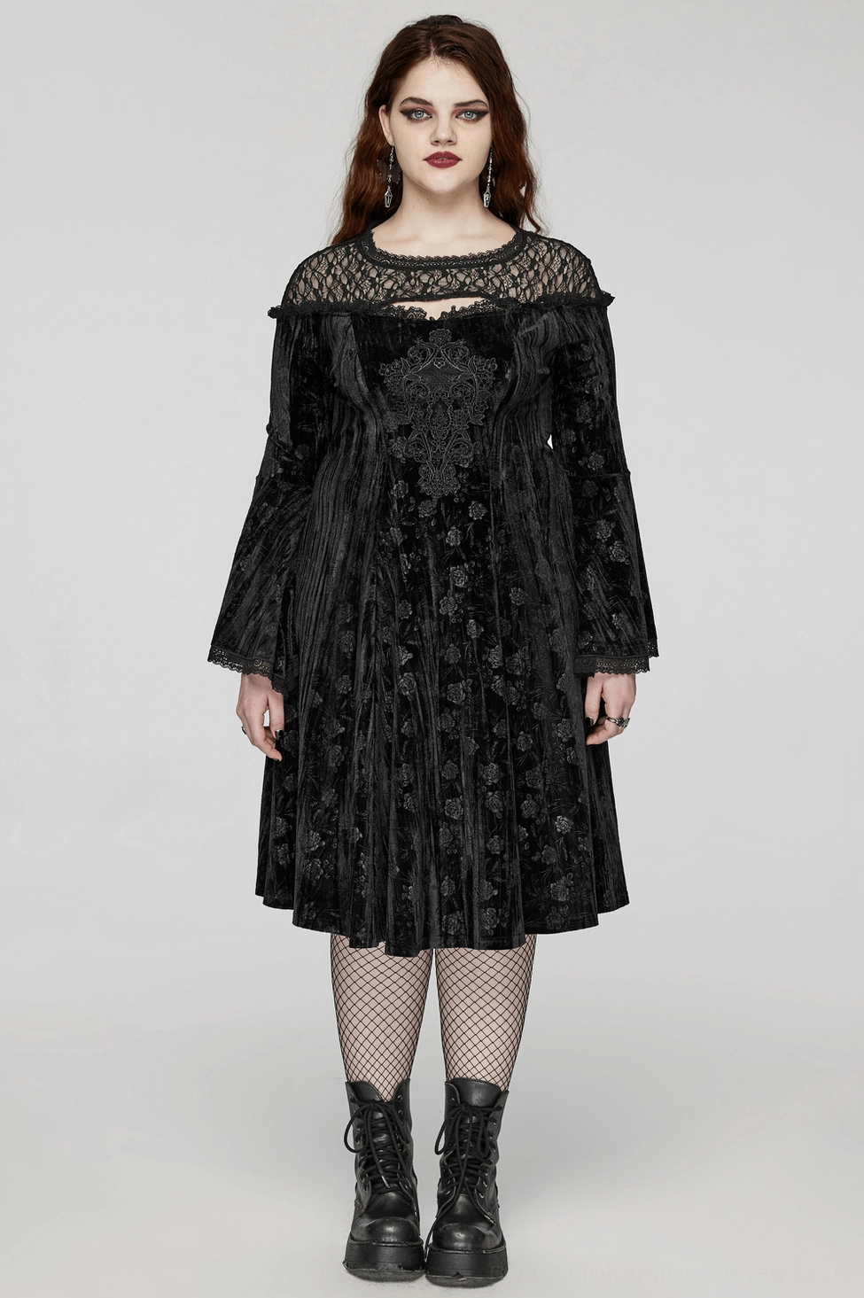 Black velvet rose gothic dress waist and corset back detail on mannequin showing fitted silhouette and lace-up system