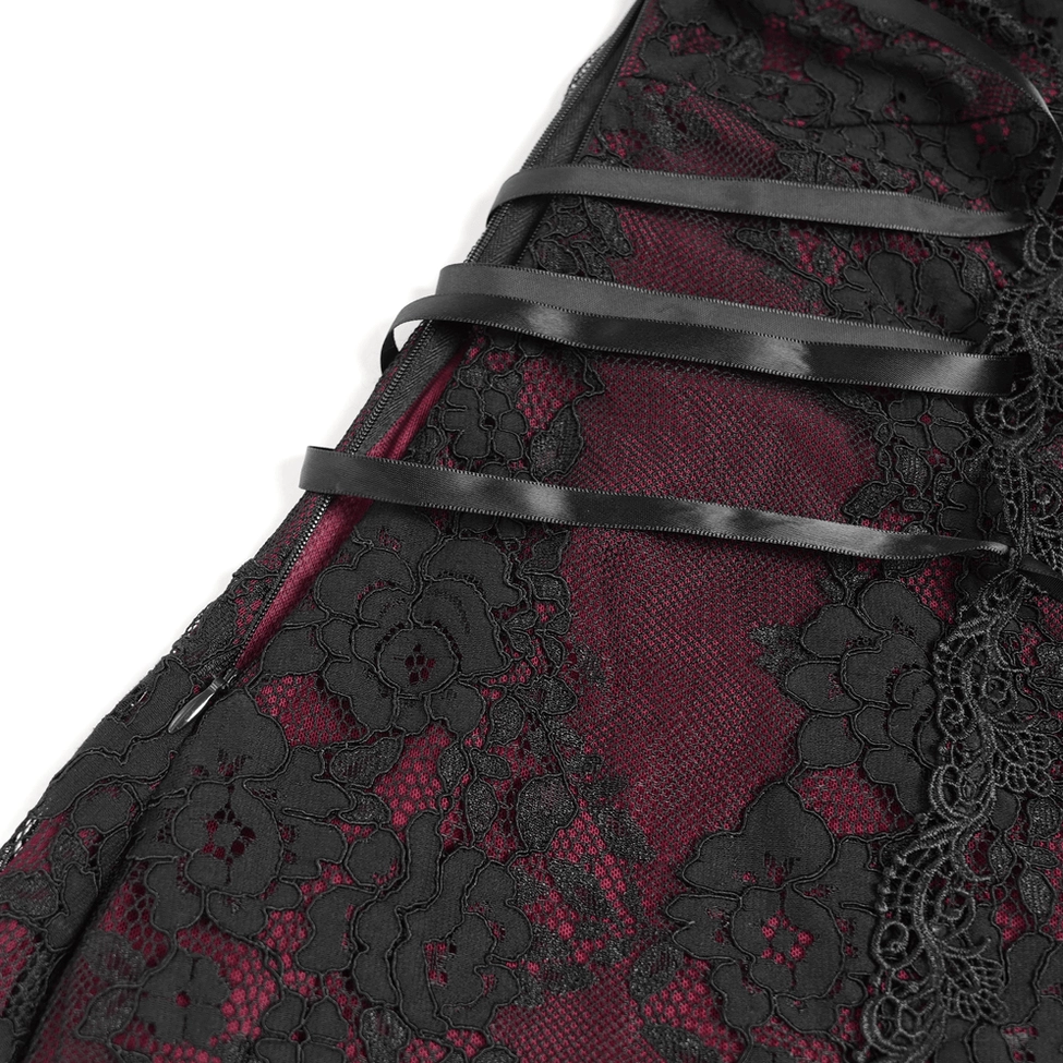 Gothic lace mini dress detail shot of flared bell sleeve construction with lace-up cuff detailing and fabric composition