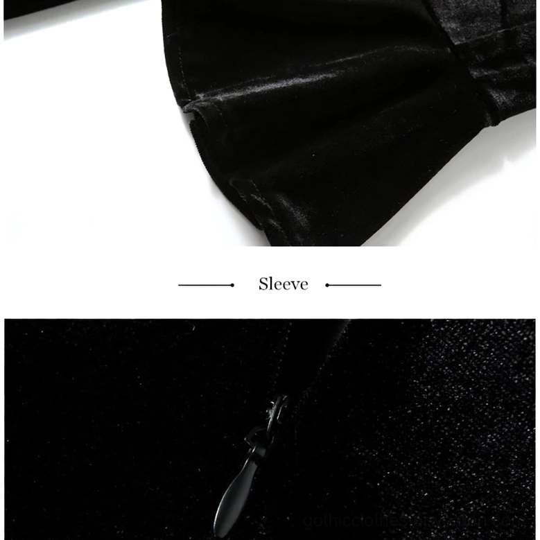 Close-up of black velvet gothic dress flared sleeve cuff showing smooth velvet fabric quality and sleeve design detail