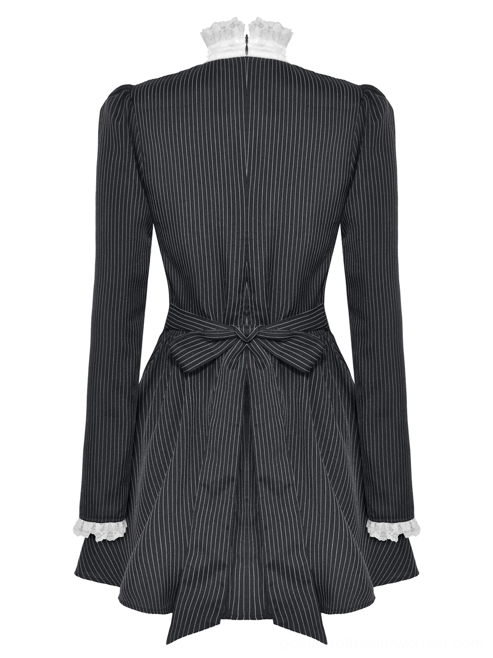 Black pinstripe gothic dress flat lay back view displaying hidden zipper closure and waist bow sash construction