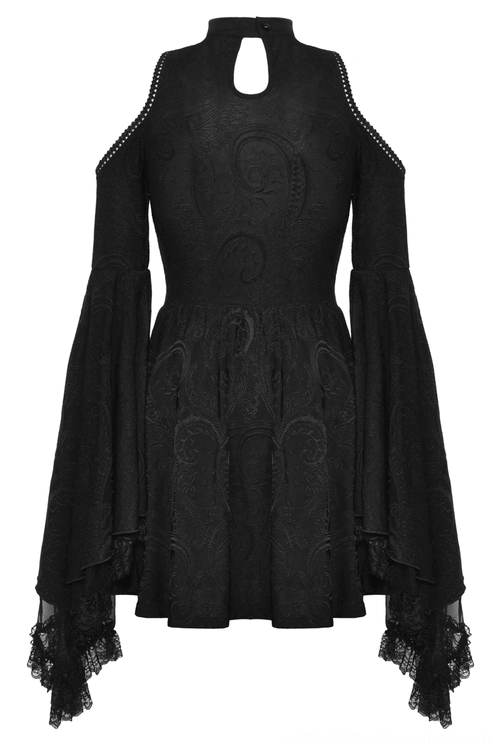 Black gothic lace dress flat lay back view - open back keyhole and ruffled hem detail