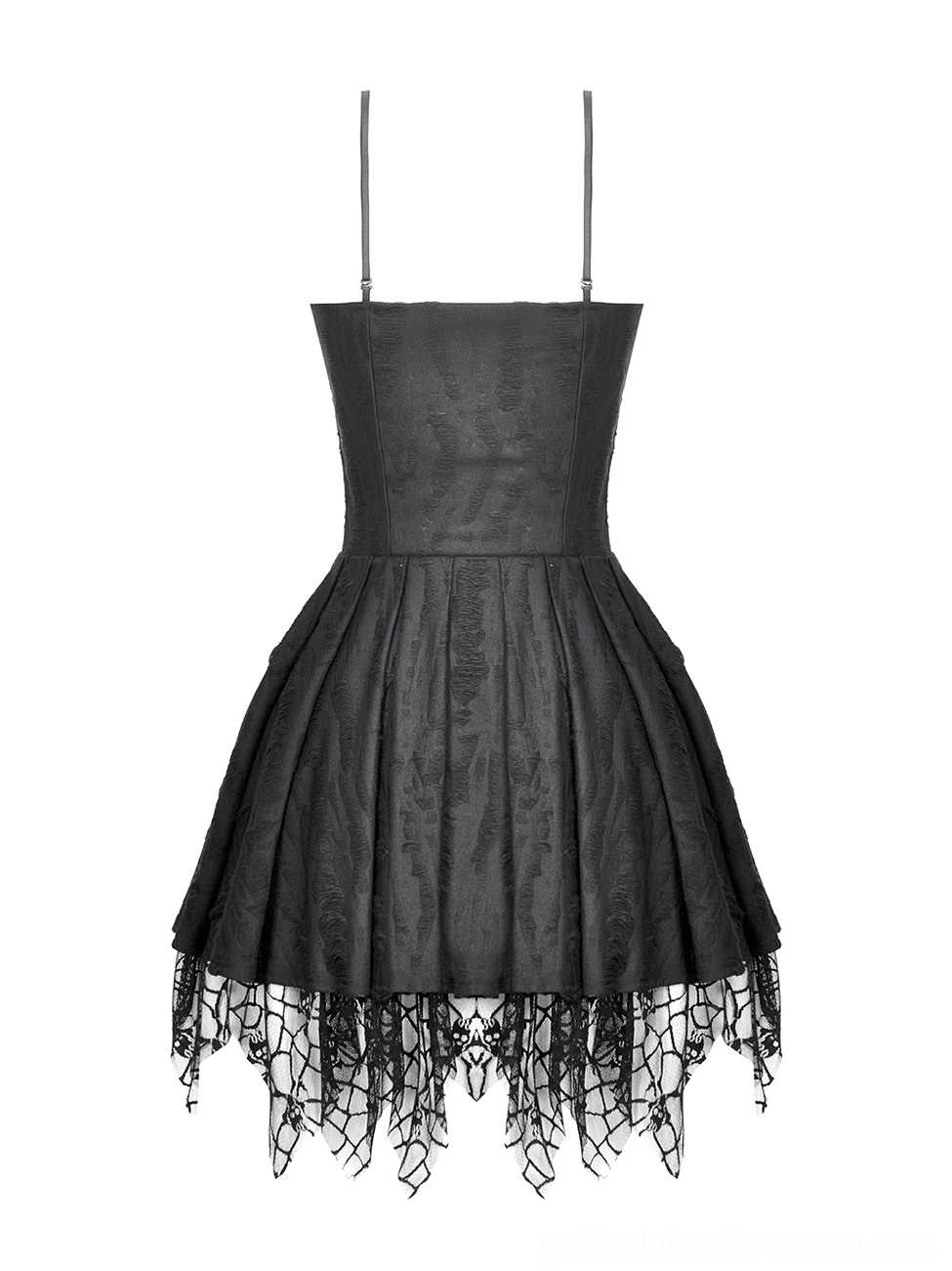 Black gothic corset dress flat lay back view displaying pleated skirt and jacquard fabric texture with thin straps
