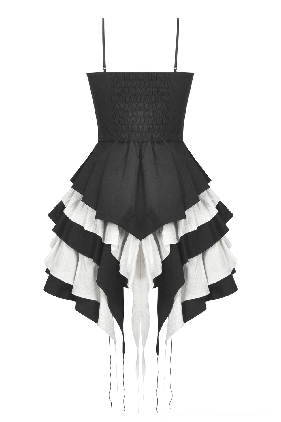 Flat lay back view black and white ruffled gothic dress with shirred elastic panel and tassel trim