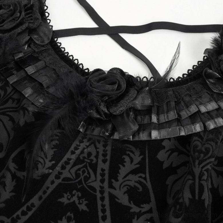 Black gothic off-shoulder dress flat lay showing complete damask print pattern and feather-trimmed shoulder construction