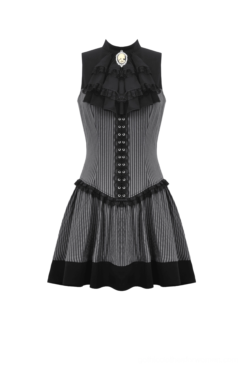 Flat lay front view of gothic striped dress with ruffled jabot, skull brooch, and hook fastenings on white background