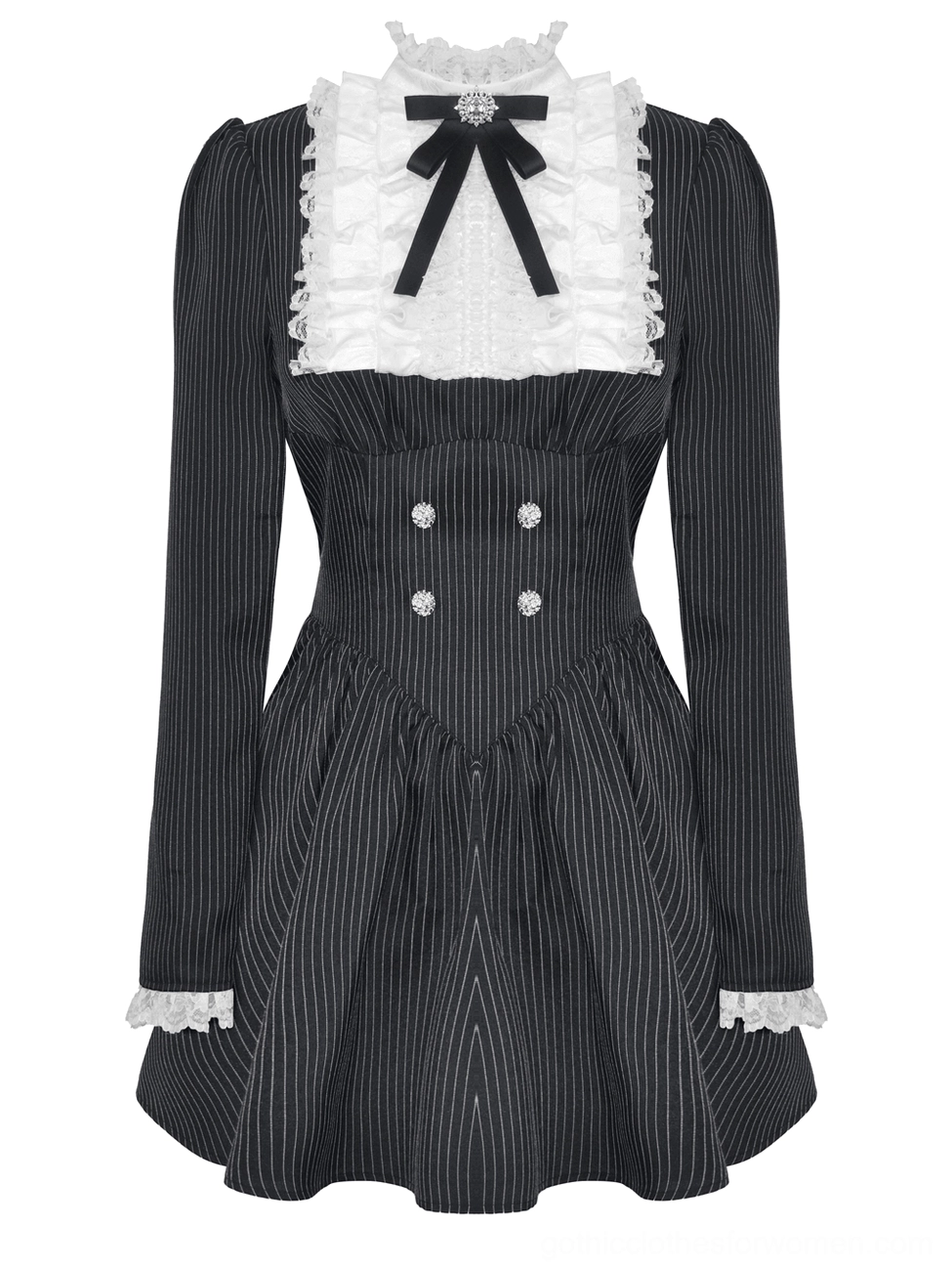 Black pinstripe gothic dress flat lay front view showing rhinestone-embellished bow, lace collar ruffles, and structured silhouette