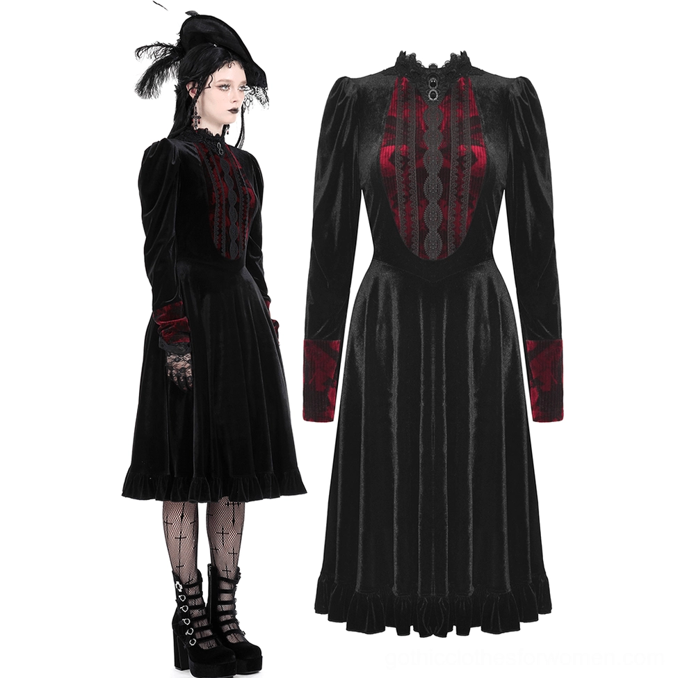Black velvet dress with red lace trim flat front display and side model view
