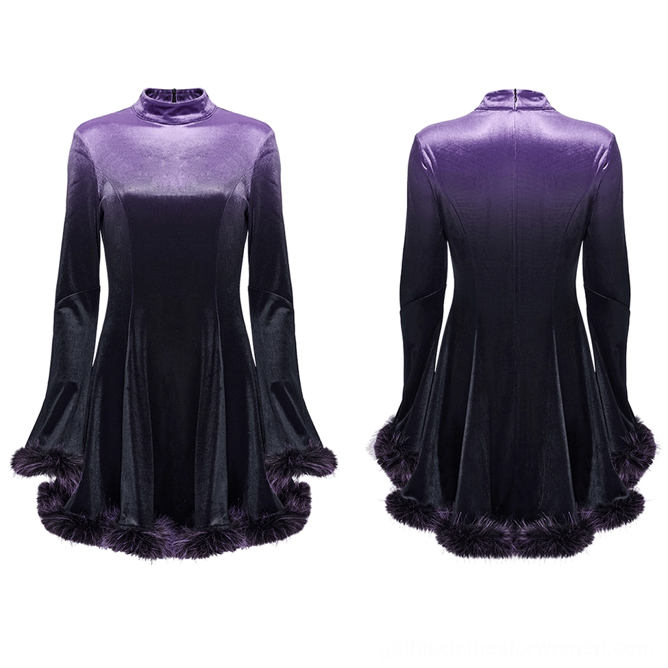 Flat lay display of purple gradient gothic velvet dress showing front and back construction, ombre fade and fur trim details