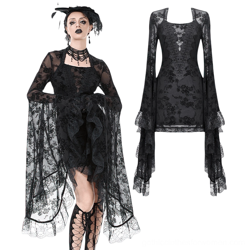 Black lace mini dress front and flat lay showing ruffled drape and extended bell sleeves