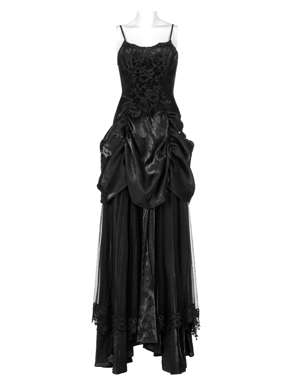 Gothic gown on dress form showing floral embroidered velvet bust and tulle skirt