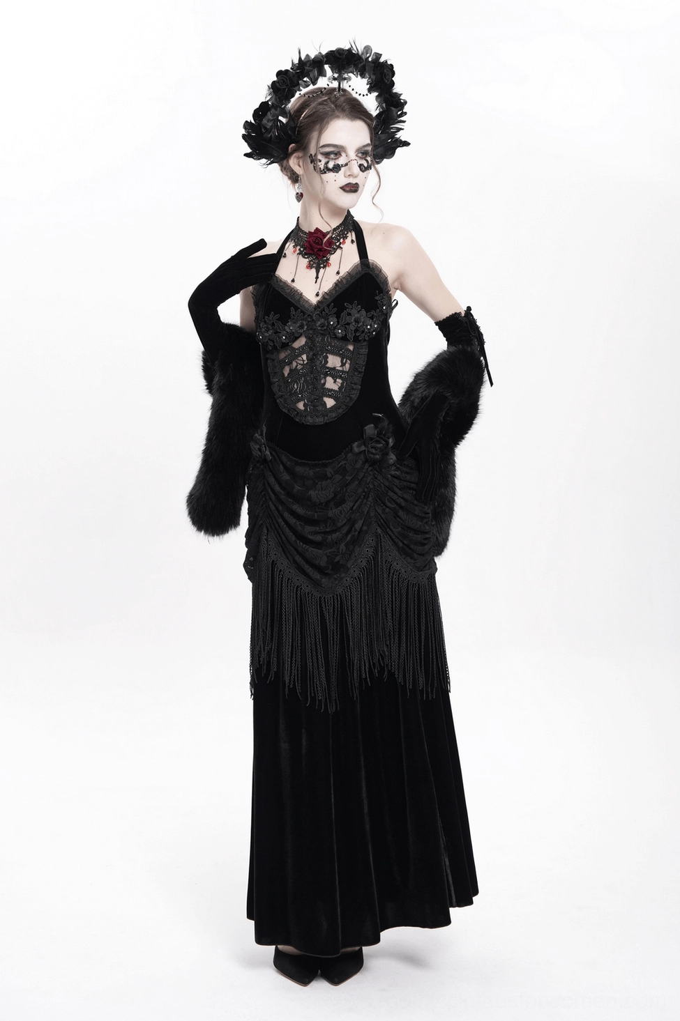 Black velvet halter gothic dress with dramatic fringe skirt and lace bodice detail