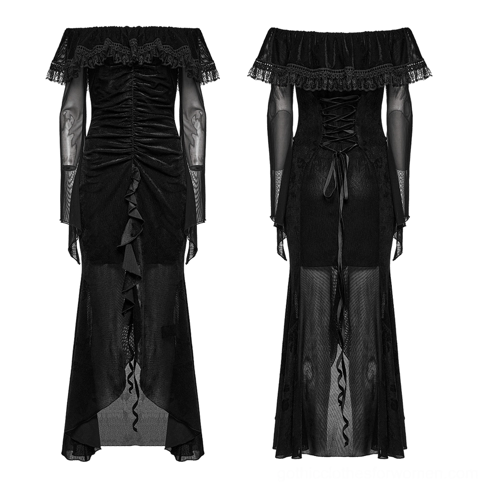 Black gothic fishtail dress front product shot detail, ruched velvet bodice and ruffled trim close-up