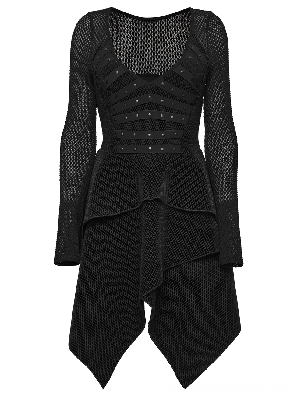 Black mesh gothic dress front flat lay close-up showing V-neckline and studded rivet chest details