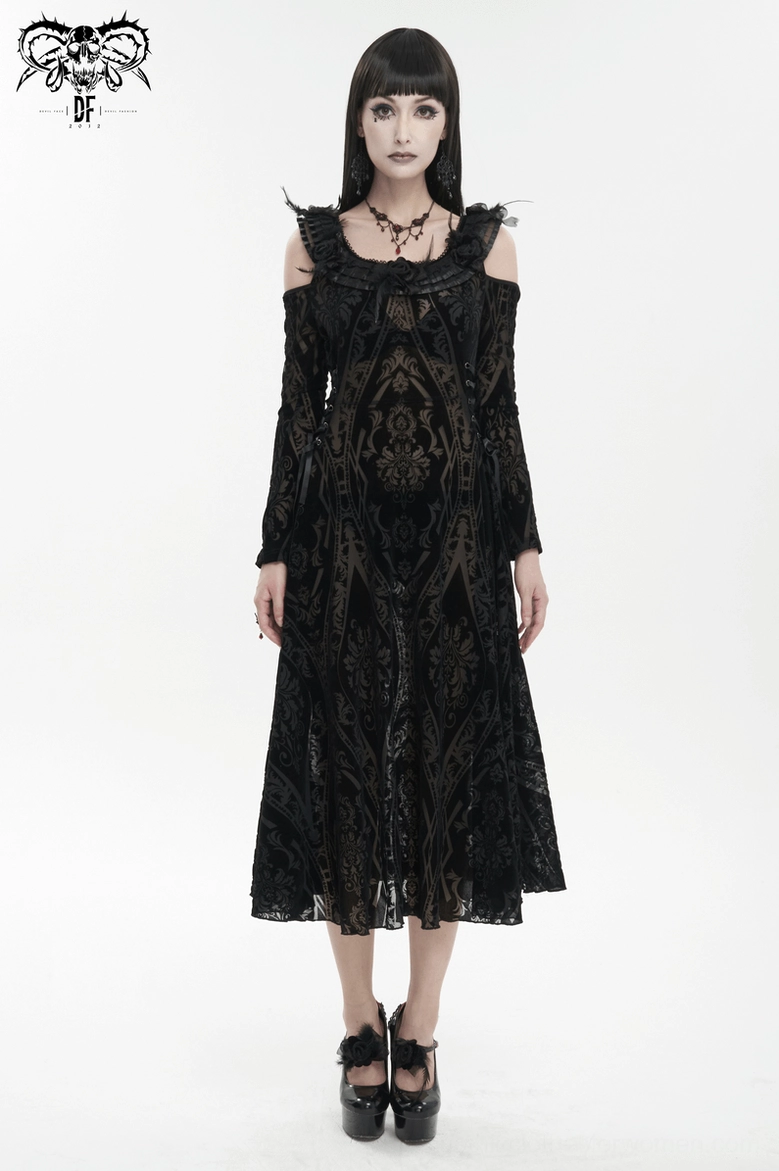 Front full-length view of gothic off-shoulder midi dress on model showing ruffled neckline and black semi-transparent fabric