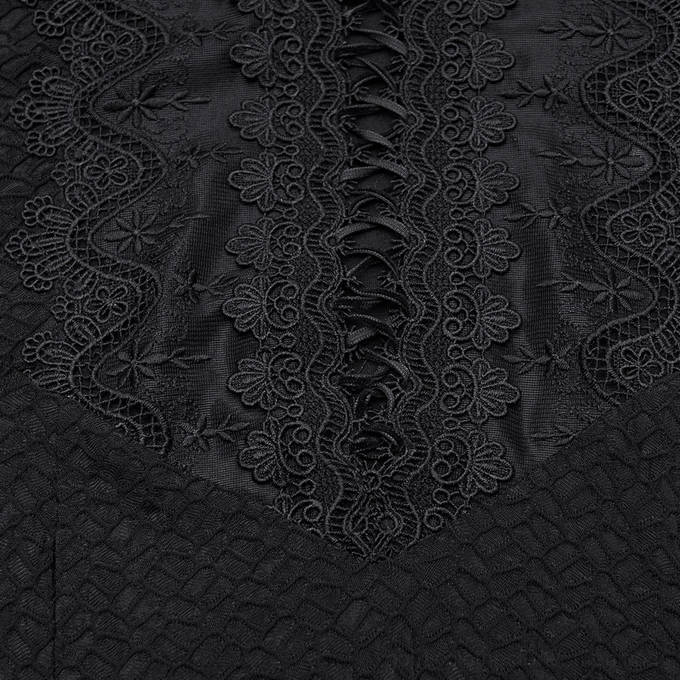 Black gothic dress front lace panel - vintage floral lace pattern with ribbon lace-up design