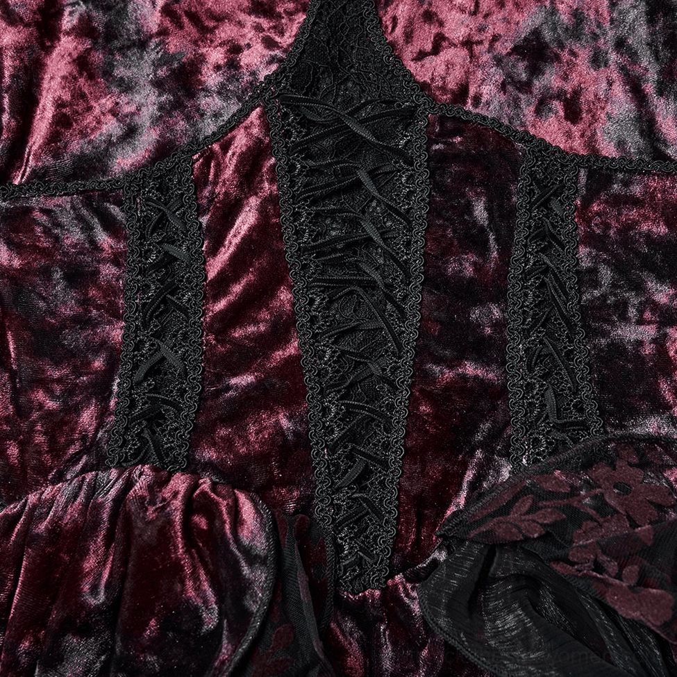 Close-up of gothic dress front lace-up bodice showing burgundy-black velvet with black lace trim