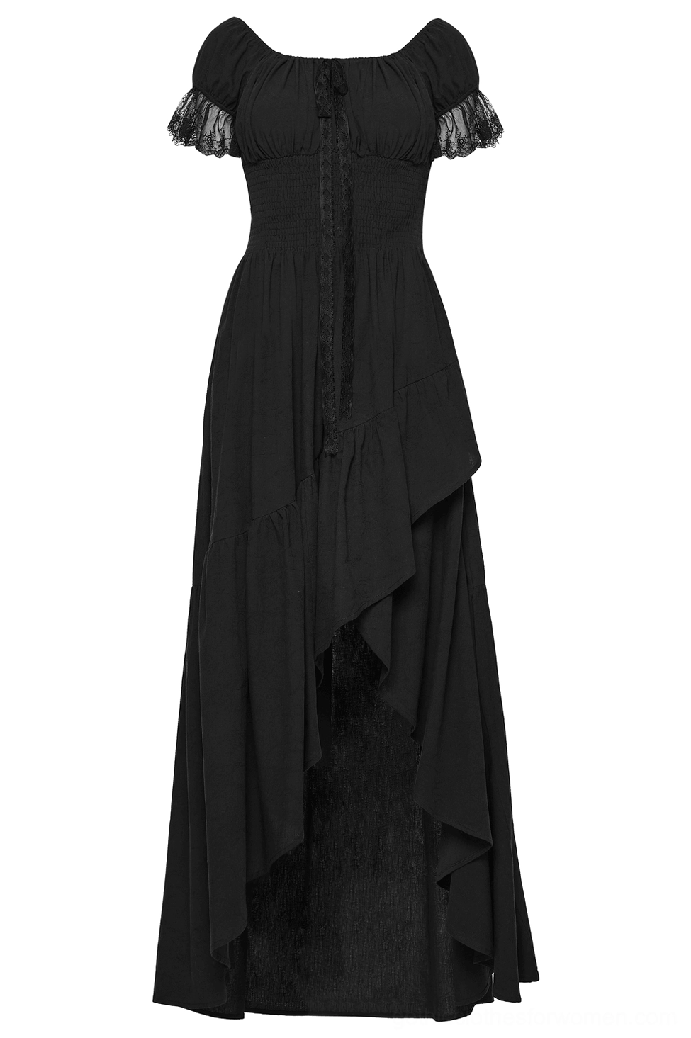 Front flat lay detail of gothic dress showing lace-up front closure and puffed sleeves with lace trim