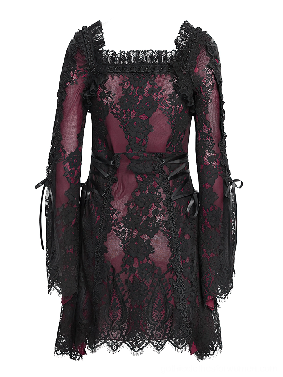 Front view of wine red gothic mini dress on mannequin highlighting square lace neckline, flared sleeve ties, and waist bow details