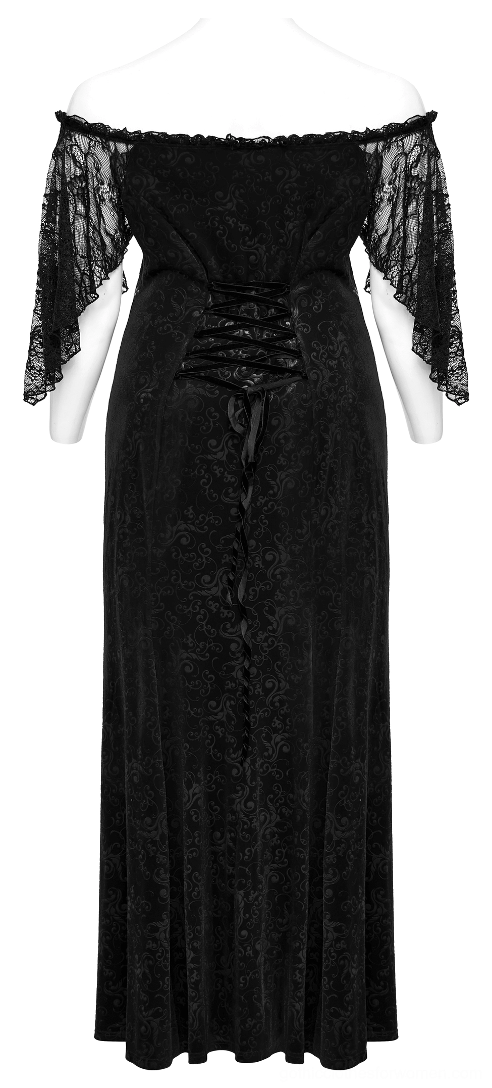 Back view of gothic velvet maxi dress on mannequin, displaying full corset-style lace-up back closure and flutter lace sleeves