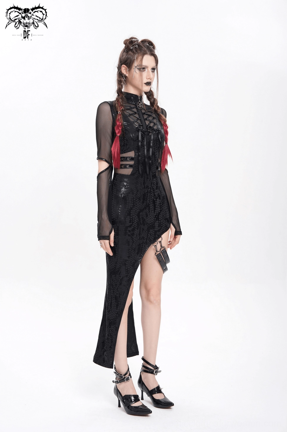 Gothic asymmetrical black dress styled full-body view showing mesh sleeves and asymmetrical hemline