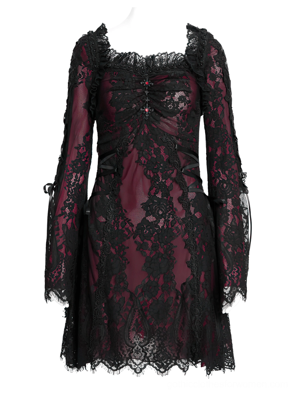 Frontal display of Victorian gothic mini dress on mannequin featuring gem embellished bust detail and sheer black lace overlays