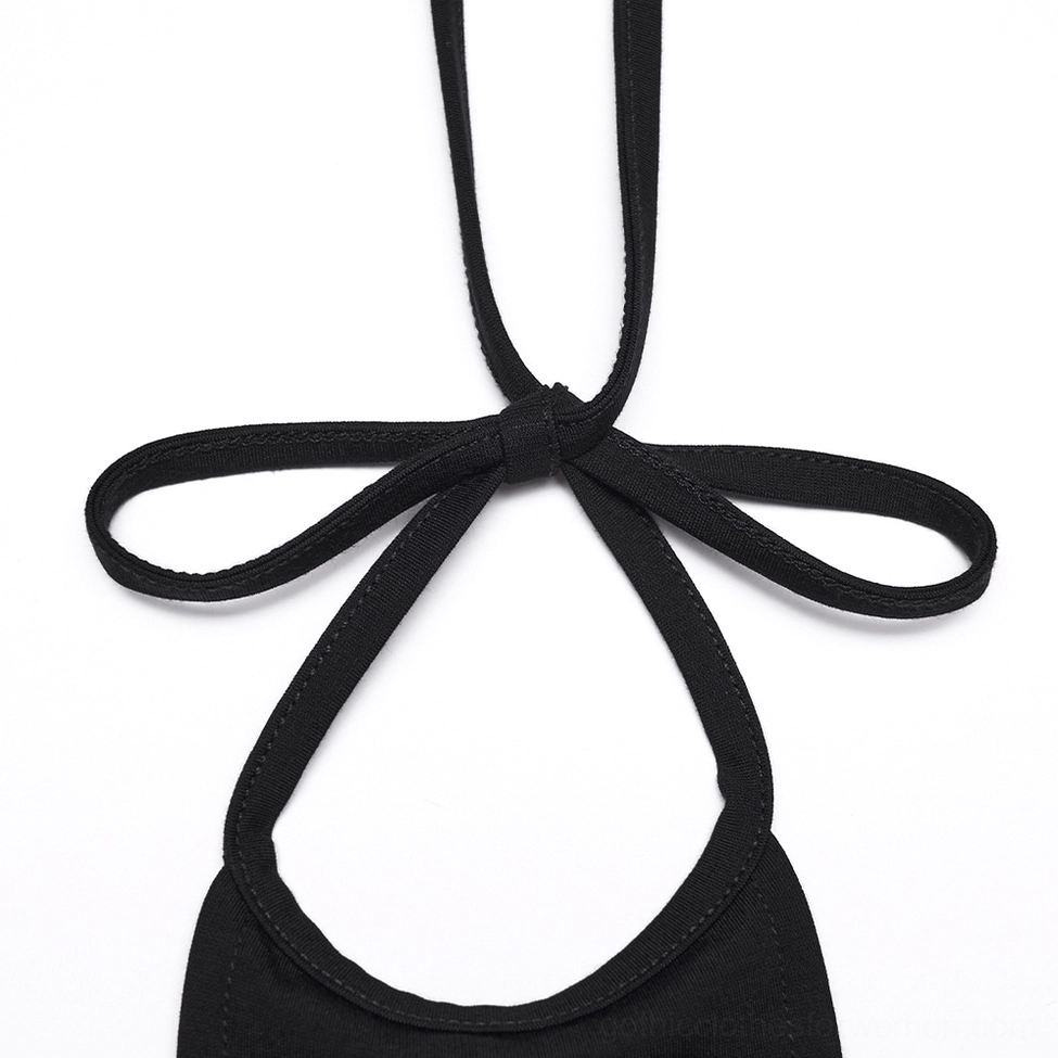 Close-up of adjustable halter neck strap on black gothic high-low dress - tie closure detail