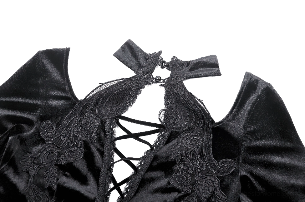 Close-up detail of gothic dress halter neckline featuring crisscross lace-up, cutout design, and delicate floral lace embroidery