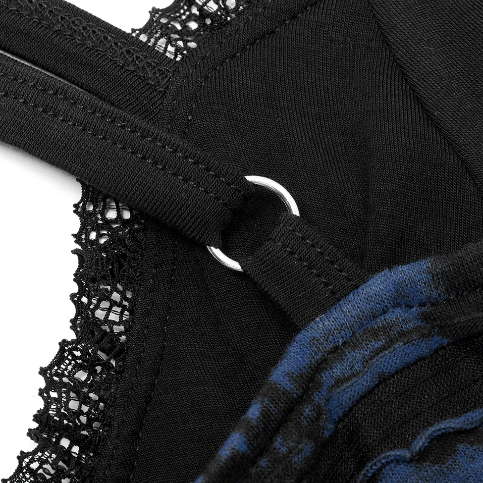 Metal D-ring hardware and lace trim detail on gothic dress adjustable strap with tie-dye fabric