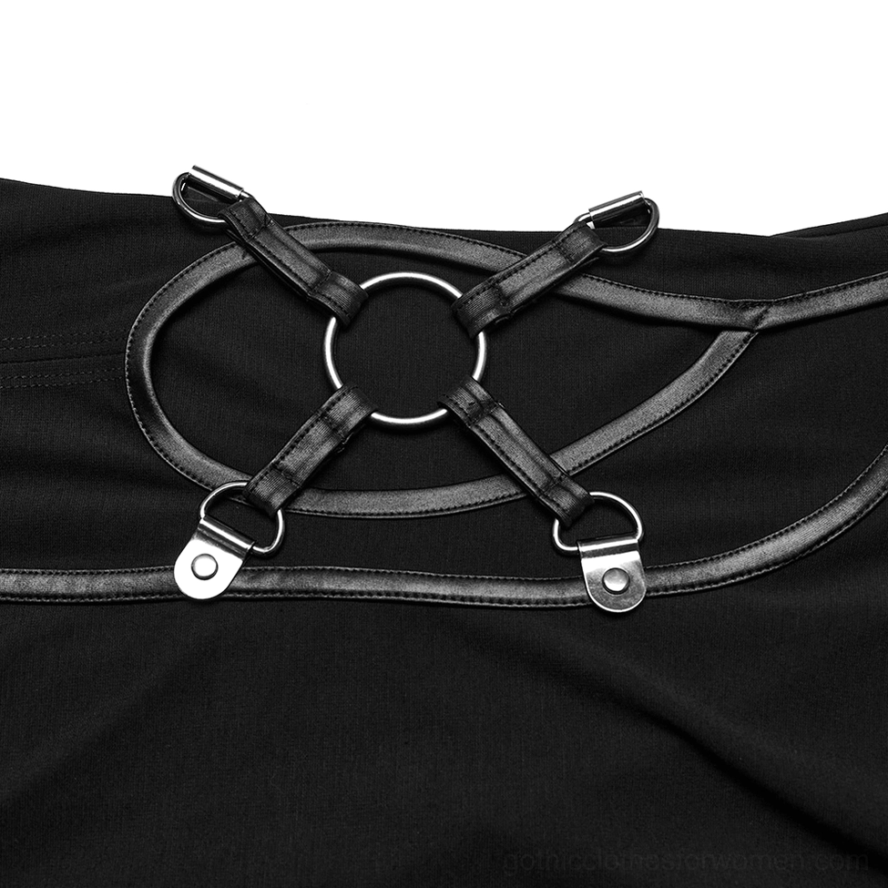 Close-up detail of gothic dress metal O-ring hardware and faux leather shoulder strap fasteners