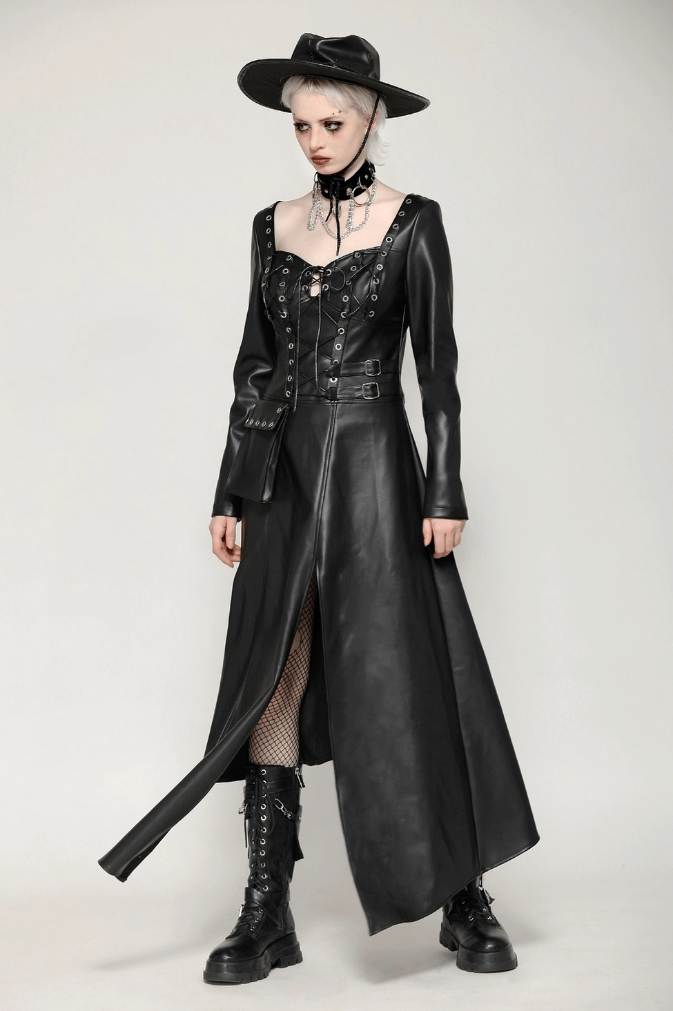 Black faux leather gothic dress harness and grommet system close-up view