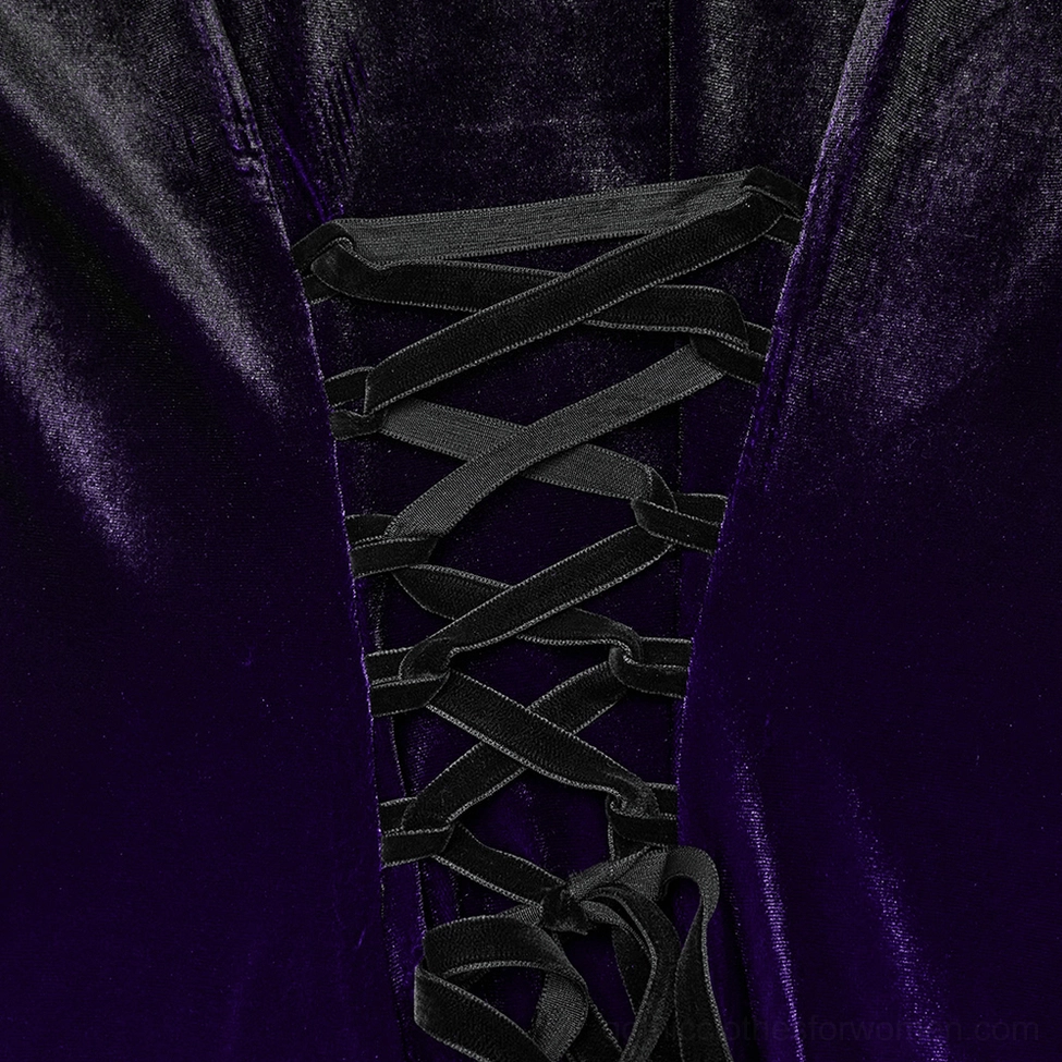 Detailed close-up of purple velvet gothic dress heart-shaped collar with scalloped lace trim and embroidery