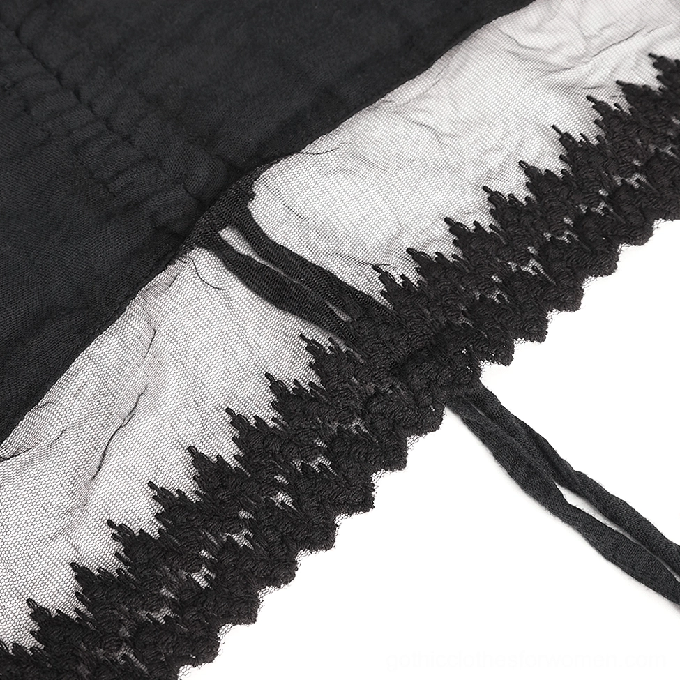 Gothic midi dress asymmetric hem lace trim sheer mesh lining detail