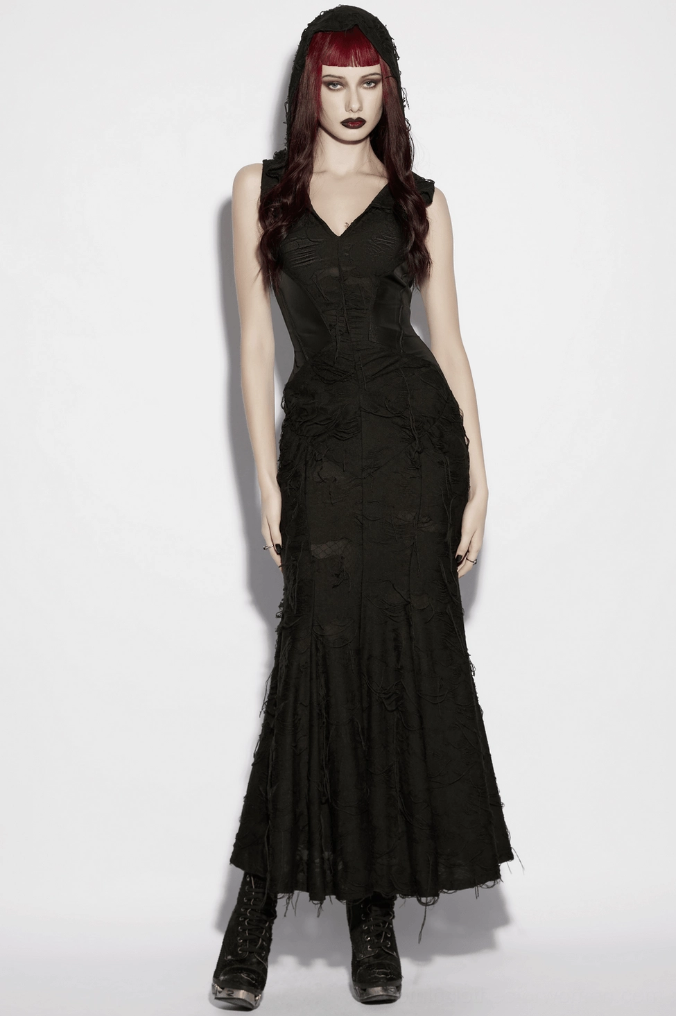 Gothic fishtail maxi dress detail view of hood, sleeveless neckline, and glossy waist panel contrast