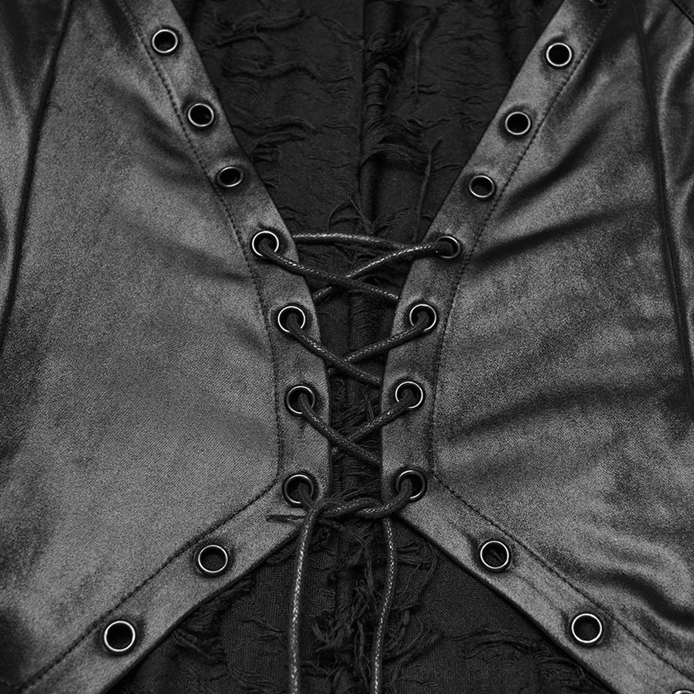 Black gothic sleeveless dress with hood, glossy waist panel detail, and romantic floor-length fishtail cut
