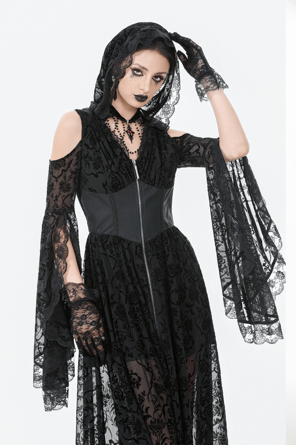 Black gothic lace maxi dress showing hooded collar and cold shoulder neckline design detail