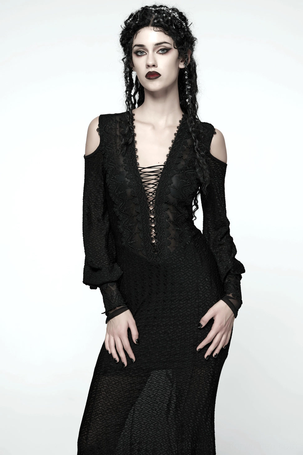 Black gothic maxi dress with cold shoulder and corset detailing - how to measure guide illustration