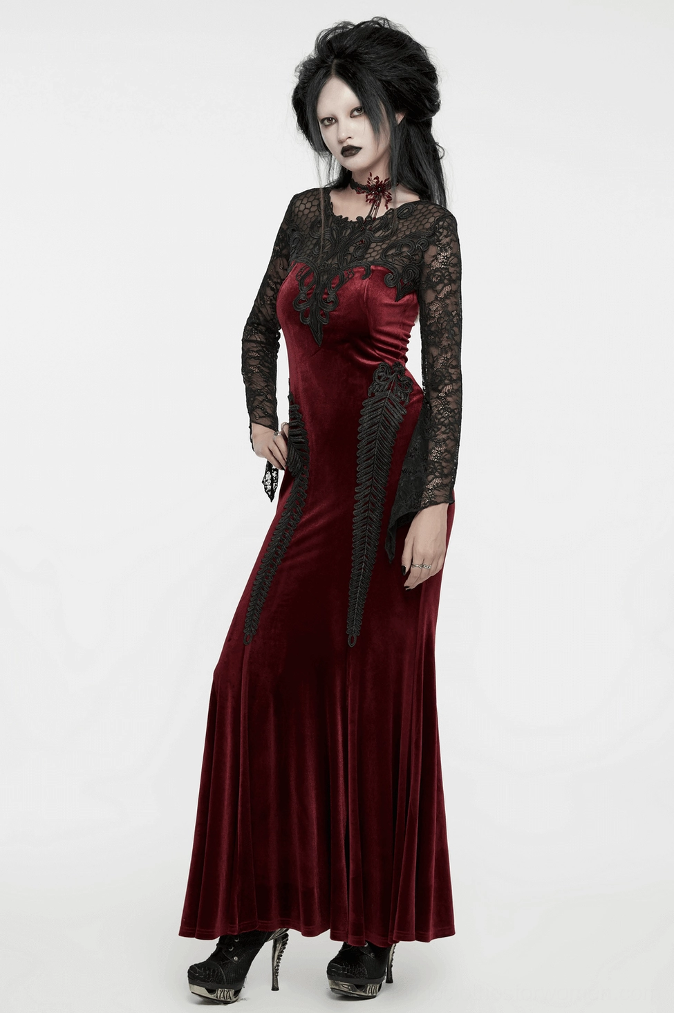 How to measure guide for burgundy velvet gothic mermaid dress showing correct measurement techniques